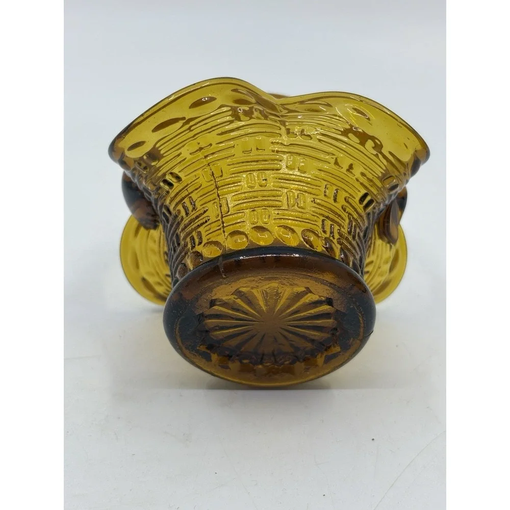 Vintage Fenton Art Glass Colonial Thumbprint Ruffled Edge Amber Basket W Handle